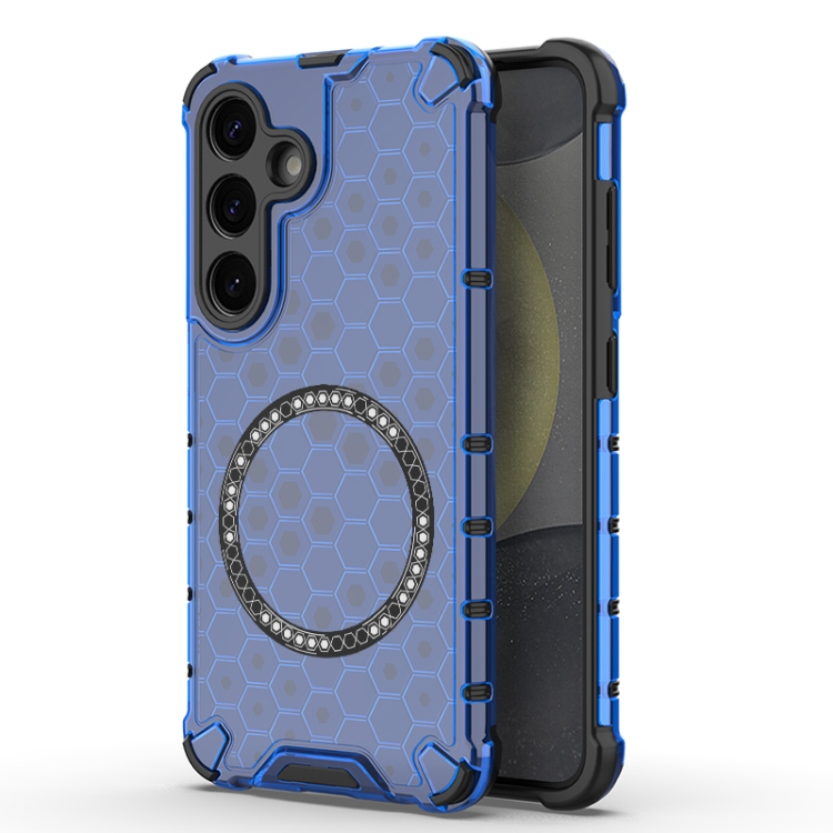 

For Samsung Galaxy S25 5G Honeycomb Magnetic Ring Shockproof Phone Case(Blue)