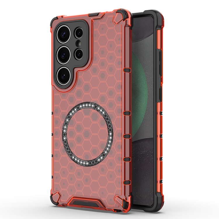 

For Samsung Galaxy S25 Ultra 5G Honeycomb Magnetic Ring Shockproof Phone Case(Red)