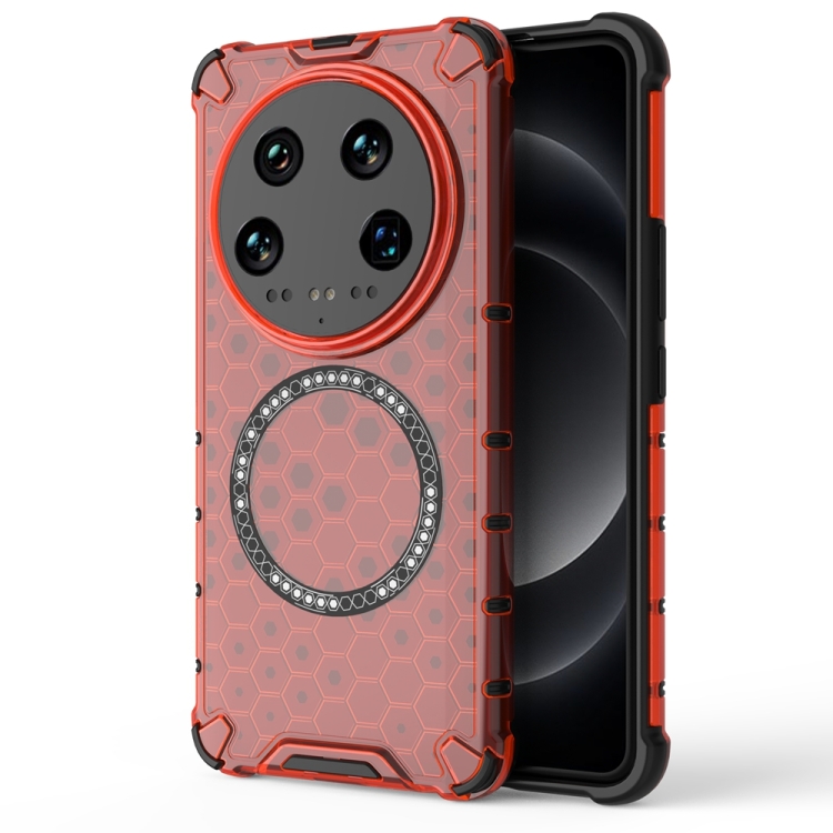 

For Xiaomi 14 Ultra Honeycomb Magnetic Ring Shockproof Phone Case(Red)