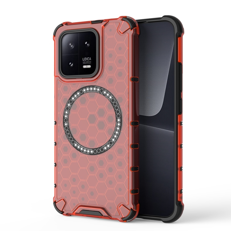 

For Xiaomi 13 Honeycomb Magnetic Ring Shockproof Phone Case(Red)