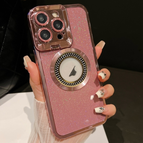 

For iPhone 15 Pro Max Starry Glitter MagSafe Lens Holder Phone Case(Pink)