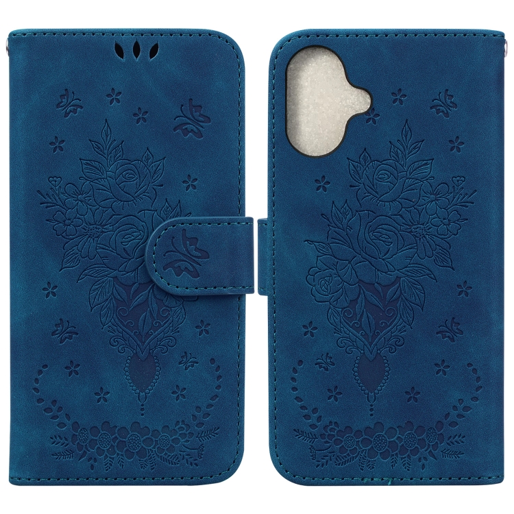 

For iPhone 16 Plus Butterfly Rose Embossed Leather Phone Case(Blue)