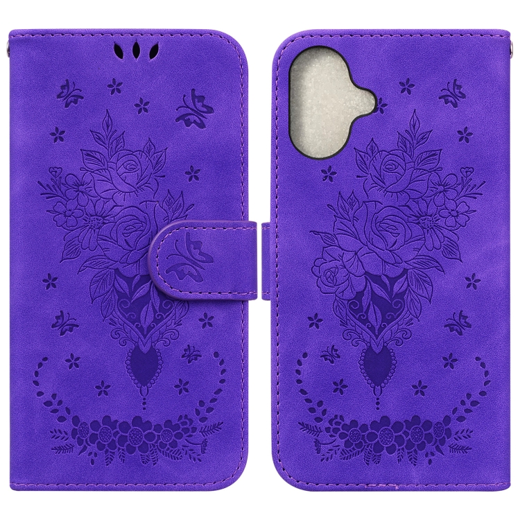 

For iPhone 16 Butterfly Rose Embossed Leather Phone Case(Purple)