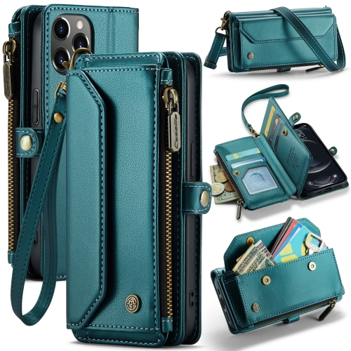

For iPhone 12 Pro CaseMe C36 Card Slots Zipper Wallet RFID Anti-theft Leather Phone Case(Blue-green)