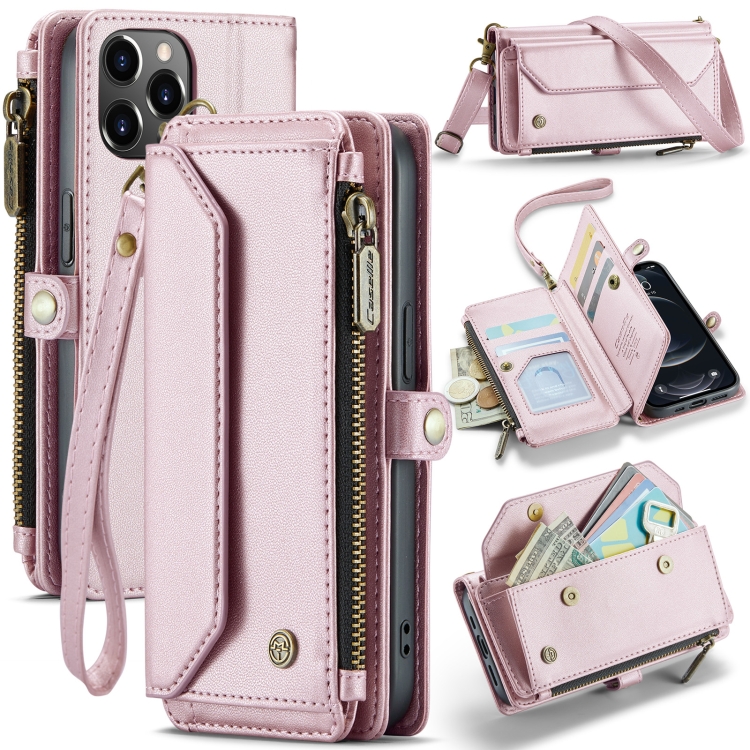 

For iPhone 12 Pro CaseMe C36 Card Slots Zipper Wallet RFID Anti-theft Leather Phone Case(Pink)