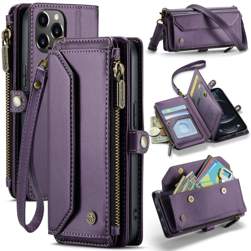 

For iPhone 12 Pro Max CaseMe C36 Card Slots Zipper Wallet RFID Anti-theft Leather Phone Case(Purple)