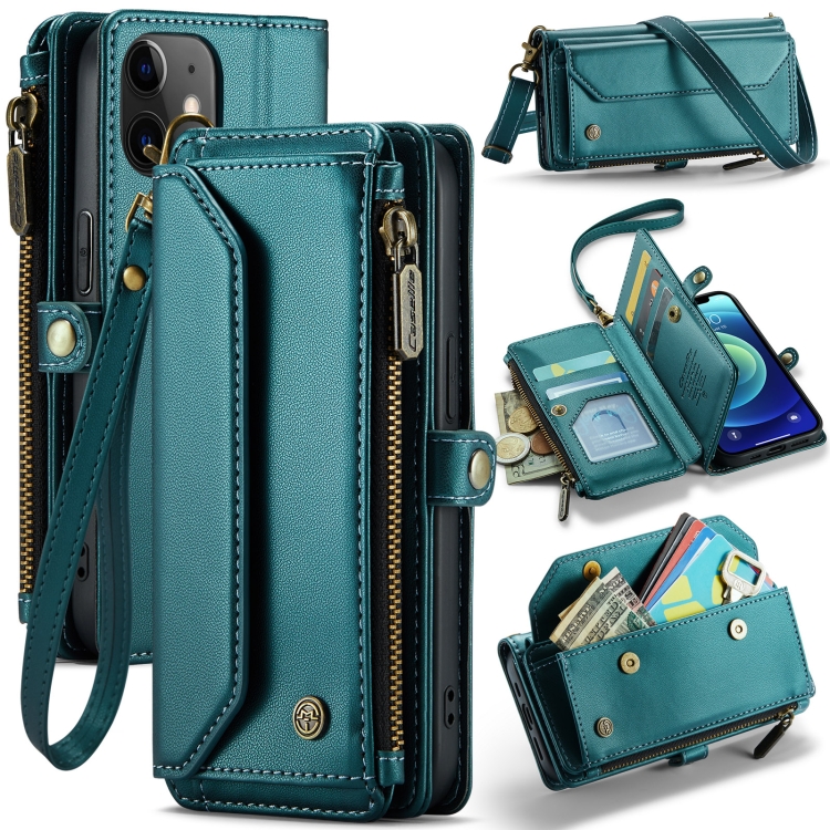 

For iPhone 12 CaseMe C36 Card Slots Zipper Wallet RFID Anti-theft Leather Phone Case(Blue-green)