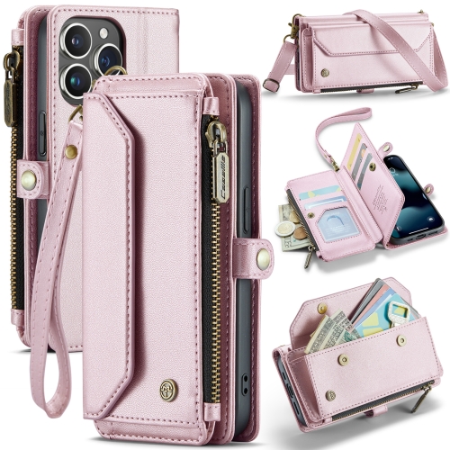 

For iPhone 13 Pro CaseMe C36 Card Slots Zipper Wallet RFID Anti-theft Leather Phone Case(Pink)