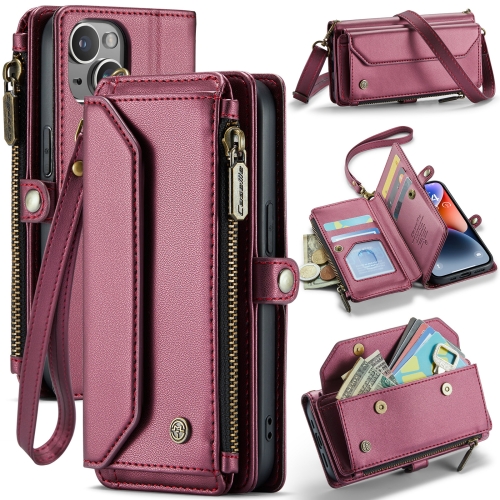 

For iPhone 14 CaseMe C36 Card Slots Zipper Wallet RFID Anti-theft Leather Phone Case(Wine Red)