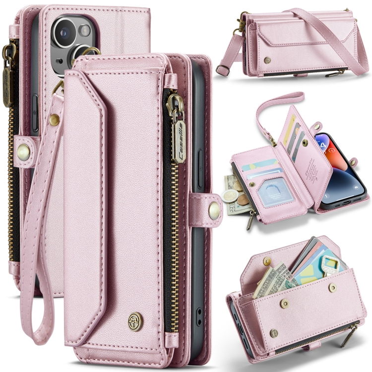 

For iPhone 14 CaseMe C36 Card Slots Zipper Wallet RFID Anti-theft Leather Phone Case(Pink)