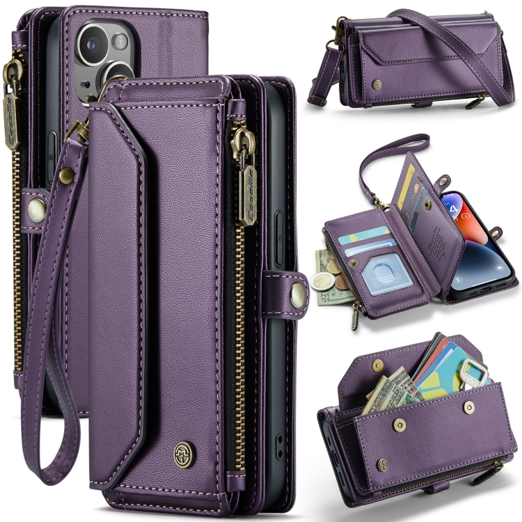 

For iPhone 14 Plus CaseMe C36 Card Slots Zipper Wallet RFID Anti-theft Leather Phone Case(Purple)