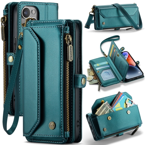 

For iPhone 14 Plus CaseMe C36 Card Slots Zipper Wallet RFID Anti-theft Leather Phone Case(Blue-green)