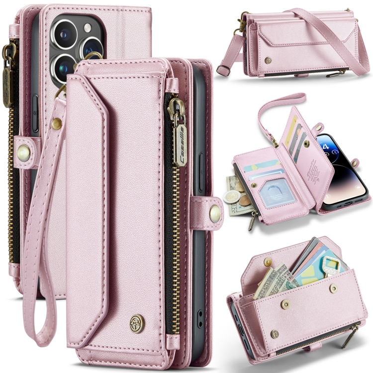 

For iPhone 14 Pro CaseMe C36 Card Slots Zipper Wallet RFID Anti-theft Leather Phone Case(Pink)