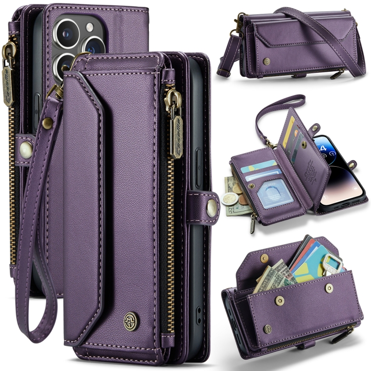 

For iPhone 14 Pro Max CaseMe C36 Card Slots Zipper Wallet RFID Anti-theft Leather Phone Case(Purple)