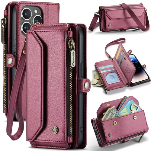

For iPhone 14 Pro Max CaseMe C36 Card Slots Zipper Wallet RFID Anti-theft Leather Phone Case(Wine Red)
