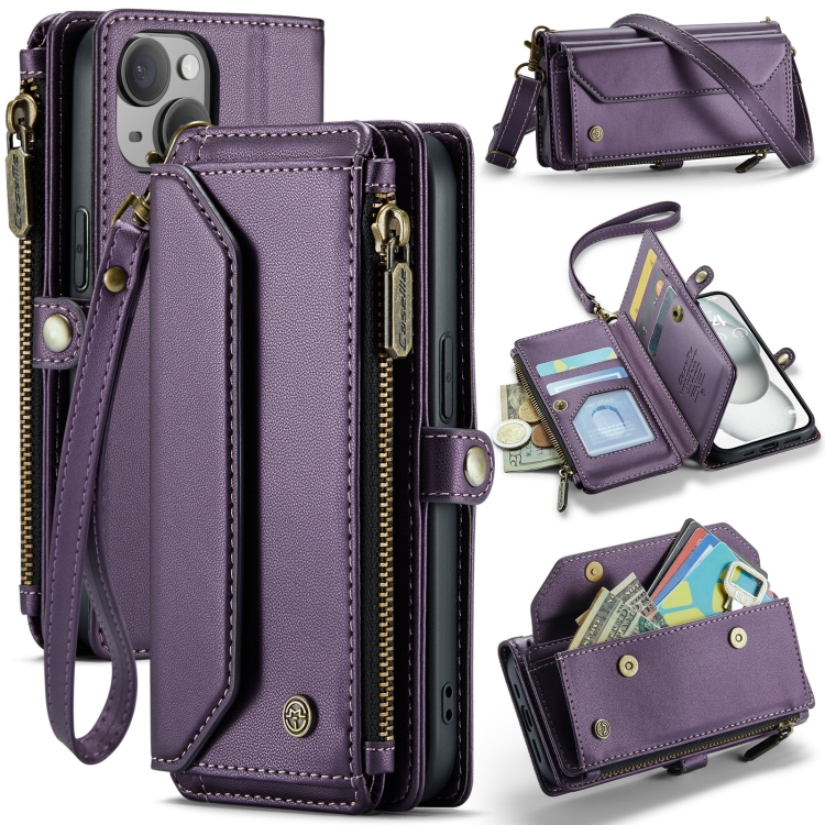 

For iPhone 15 Plus CaseMe C36 Card Slots Zipper Wallet RFID Anti-theft Leather Phone Case(Purple)