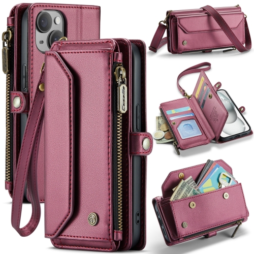 

For iPhone 15 Plus CaseMe C36 Card Slots Zipper Wallet RFID Anti-theft Leather Phone Case(Wine Red)