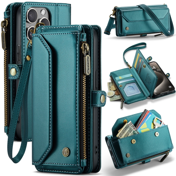 

For iPhone 15 Pro CaseMe C36 Card Slots Zipper Wallet RFID Anti-theft Leather Phone Case(Blue-green)