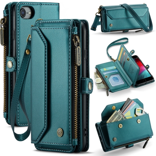 

For iPhone SE 2022 / SE 2020 CaseMe C36 Card Slots Zipper Wallet RFID Anti-theft Leather Phone Case(Blue-green)
