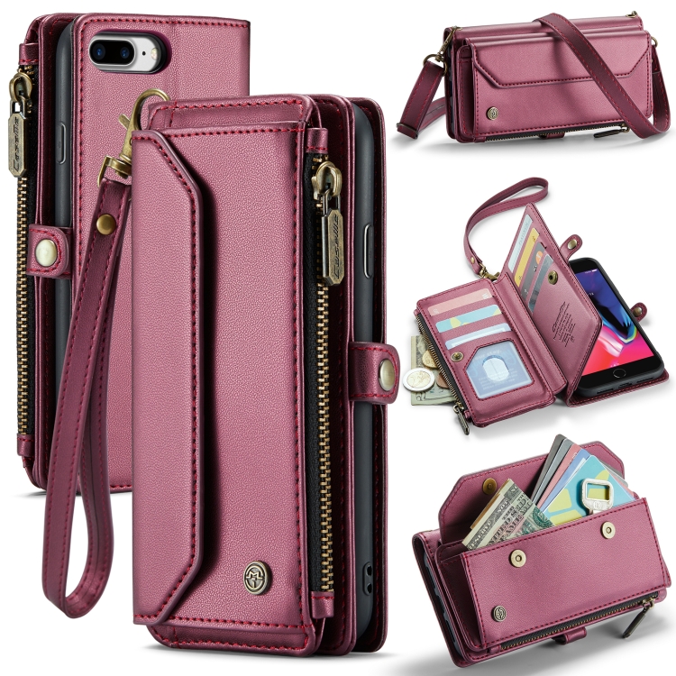 

For iPhone 8 Plus / 7 Plus / 6 Plus CaseMe C36 Card Slots Zipper Wallet RFID Anti-theft Leather Phone Case(Wine Red)