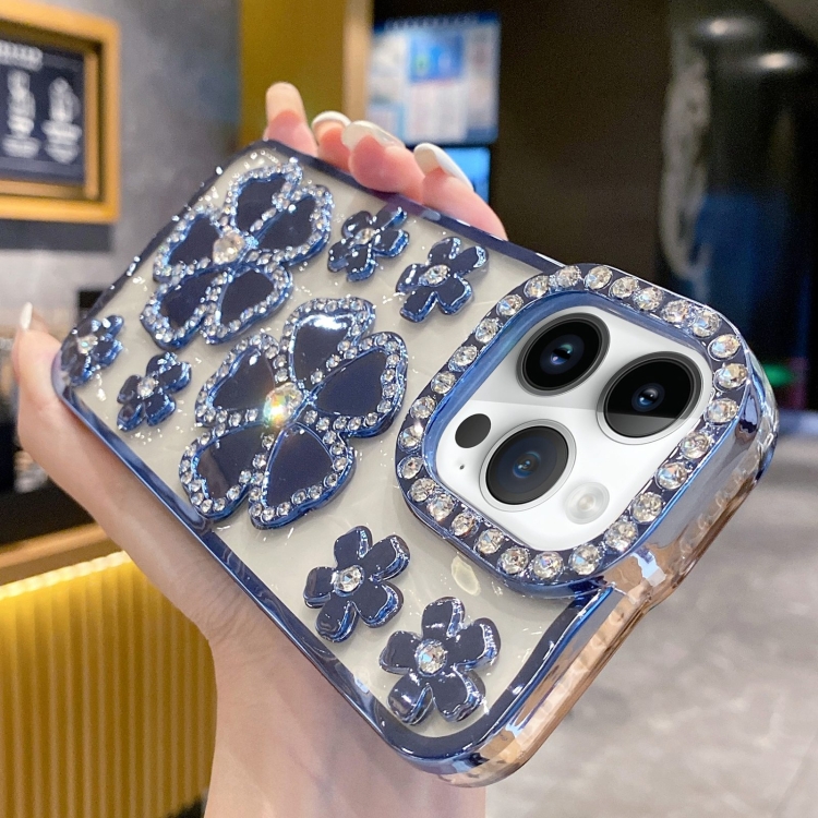 

For iPhone 15 Pro Electroplating Flower Diamond TPU Phone Case(Blue)