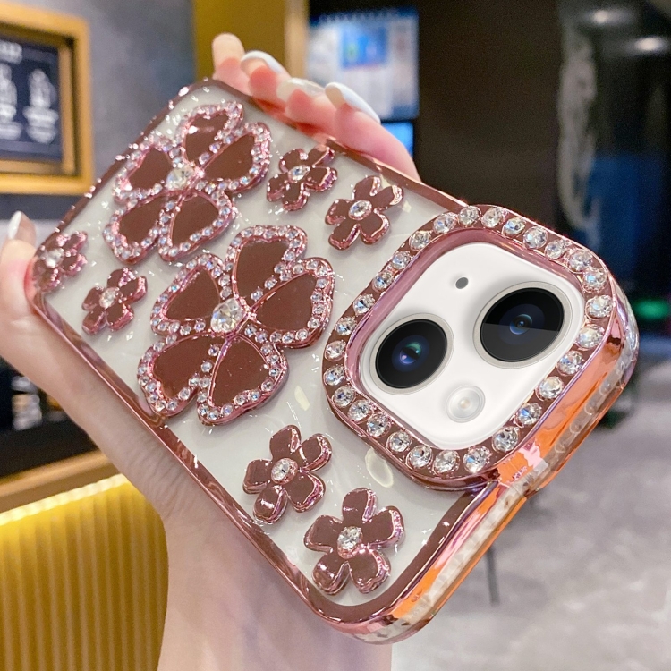 

For iPhone 15 Plus Electroplating Flower Diamond TPU Phone Case(Pink)