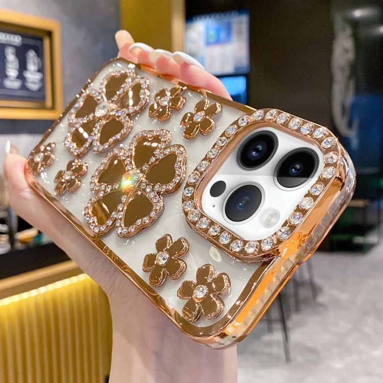 

For iPhone 14 Pro Max Electroplating Flower Diamond TPU Phone Case(Gold)