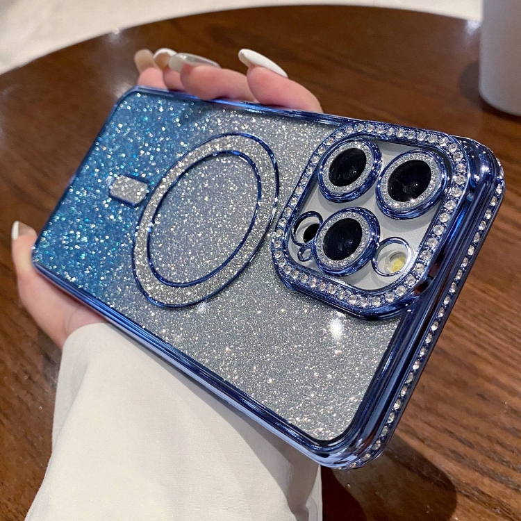 

For iPhone 15 Pro Max Diamond Gradient Glitter Plated MagSafe Phone Case(Blue)