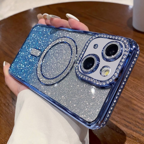 

For iPhone 15 Plus Diamond Gradient Glitter Plated MagSafe Phone Case(Blue)