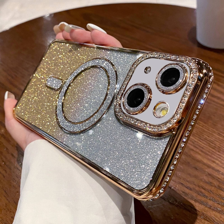 

For iPhone 15 Plus Diamond Gradient Glitter Plated MagSafe Phone Case(Gold)
