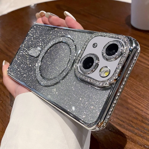 

For iPhone 15 Diamond Gradient Glitter Plated MagSafe Phone Case(Silver)