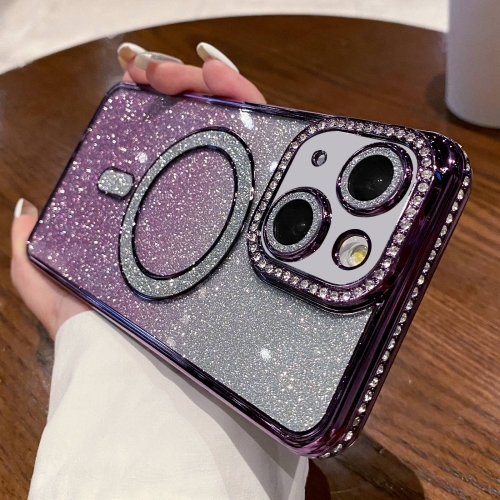

For iPhone 15 Diamond Gradient Glitter Plated MagSafe Phone Case(Purple)