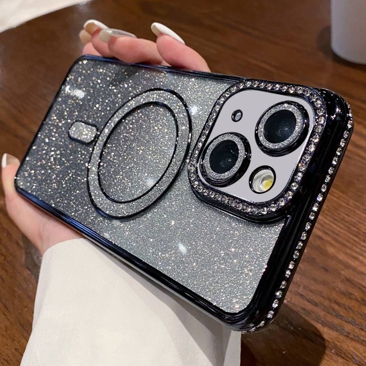 

For iPhone 15 Diamond Gradient Glitter Plated MagSafe Phone Case(Black)