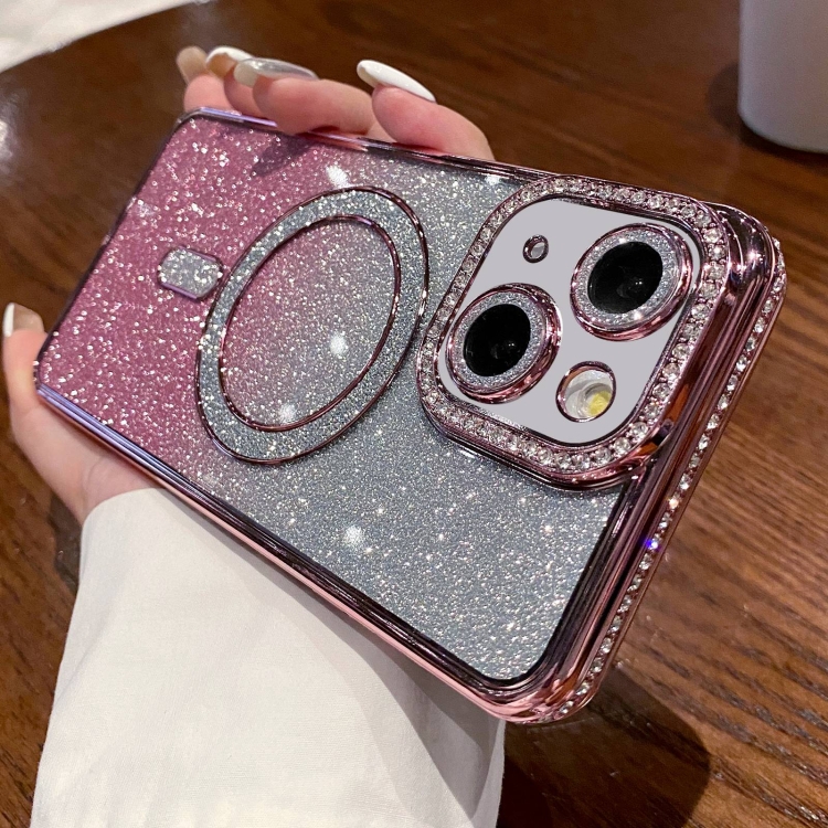 

For iPhone 14 Diamond Gradient Glitter Plated MagSafe Phone Case(Pink)