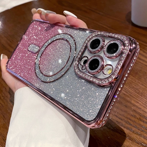 

For iPhone 14 Pro Max Diamond Gradient Glitter Plated MagSafe Phone Case(Pink)