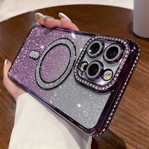 

For iPhone 14 Pro Max Diamond Gradient Glitter Plated MagSafe Phone Case(Purple)
