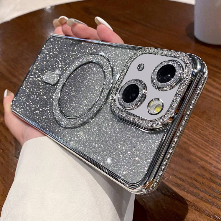 

For iPhone 13 Diamond Gradient Glitter Plated MagSafe Phone Case(Silver)