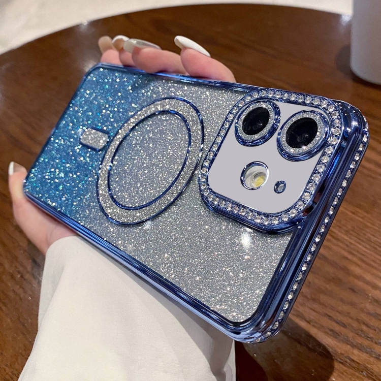 

For iPhone 11 Diamond Gradient Glitter Plated MagSafe Phone Case(Blue)