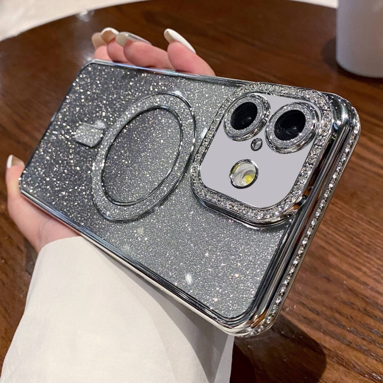 

For iPhone 16 Plus Diamond Gradient Glitter Plated MagSafe Phone Case(Silver)