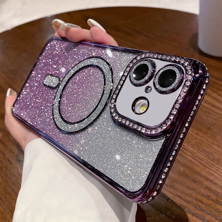 

For iPhone 16 Plus Diamond Gradient Glitter Plated MagSafe Phone Case(Purple)
