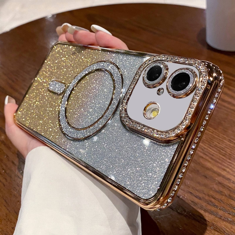 

For iPhone 16 Plus Diamond Gradient Glitter Plated MagSafe Phone Case(Gold)