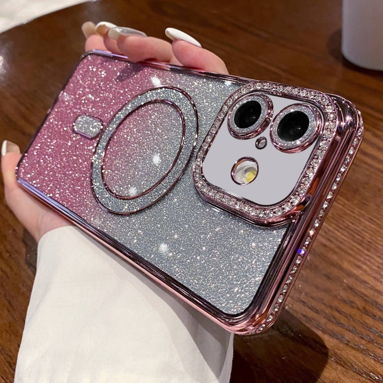 

For iPhone 16 Diamond Gradient Glitter Plated MagSafe Phone Case(Pink)