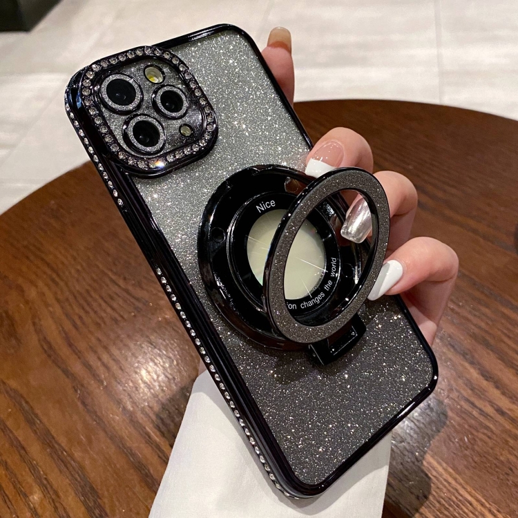 

For iPhone 11 Pro Max Gradient Glitter Diamond Plated Holder Magsafe Phone Case(Black)