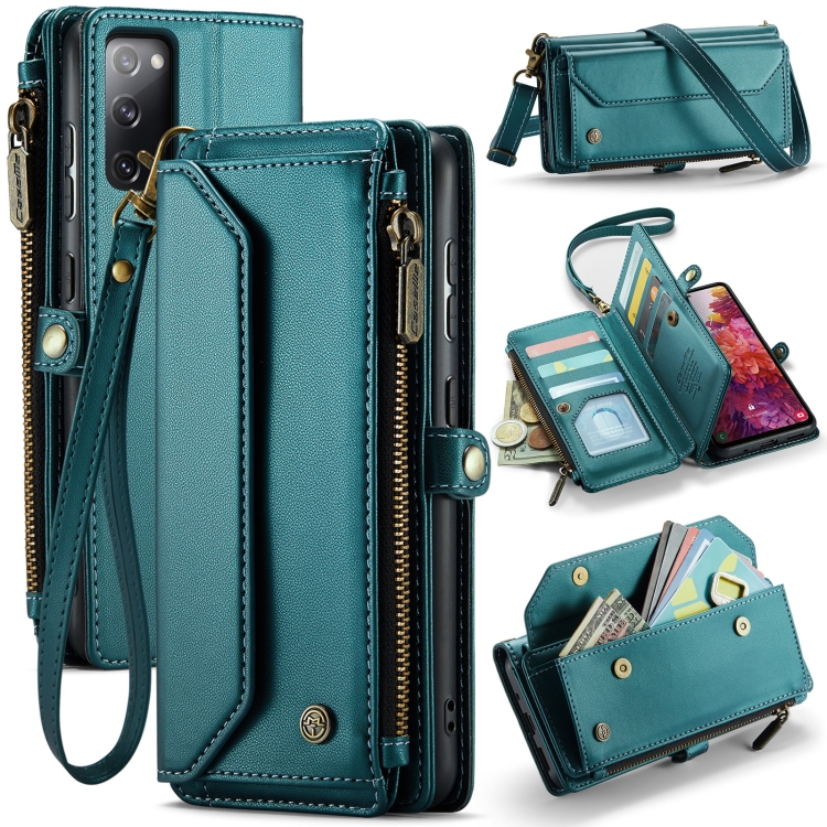 

For Samsung Galaxy S20 FE CaseMe C36 Card Slots Zipper Wallet RFID Anti-theft Leather Phone Case(Blue-green)