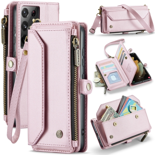 

For Samsung Galaxy S21 Ultra 5G CaseMe C36 Card Slots Zipper Wallet RFID Anti-theft Leather Phone Case(Pink)