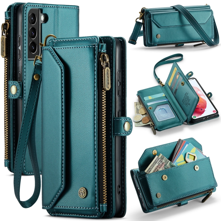 

For Samsung Galaxy S21 5G CaseMe C36 Card Slots Zipper Wallet RFID Anti-theft Leather Phone Case(Blue-green)