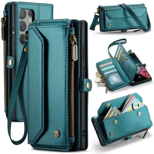 

For Samsung Galaxy S22 Ultra 5G CaseMe C36 Card Slots Zipper Wallet RFID Anti-theft Leather Phone Case(Blue-green)