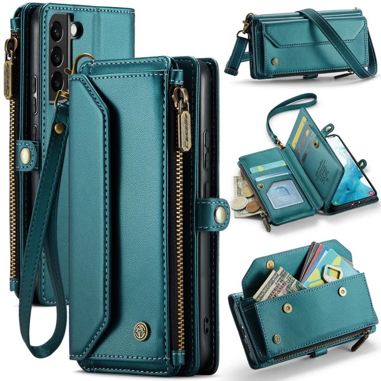 

For Samsung Galaxy S22 5G CaseMe C36 Card Slots Zipper Wallet RFID Anti-theft Leather Phone Case(Blue-green)