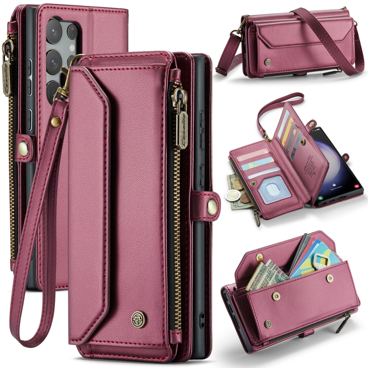 

For Samsung Galaxy S23 Ultra 5G CaseMe C36 Card Slots Zipper Wallet RFID Anti-theft Leather Phone Case(Wine Red)