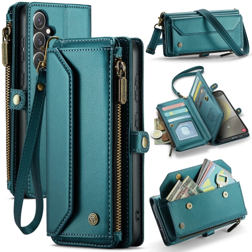 

For Samsung Galaxy S24 5G CaseMe C36 Card Slots Zipper Wallet RFID Anti-theft Leather Phone Case(Blue-green)